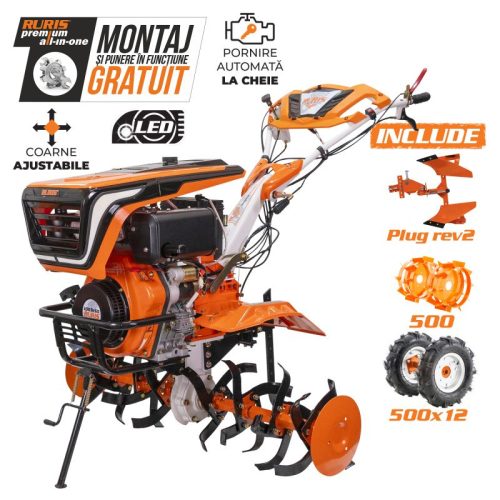Motosapatoare RURIS 1001KSD + roti cauciuc 5.00-12 + plug reversibil rev2 + roti metalice 500 11 CP
