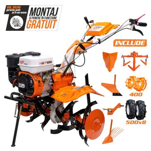 Motosapatoare RURIS 731ACC1 + roti cauciuc 5.00-8 + rarita + plug + adaptor + dispozitiv scos cartofi + roti metalice 400 fara manicot + cultivator 8.5 CP