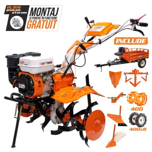 Motosapatoare RURIS 731ACC3 + roti cauciuc 5.00-8 + rarita + plug + adaptor + dispozitiv scos cartofi + roti metalice 400 fara manicot + cultivator+ remorca RURIS 550S 8.5 CP