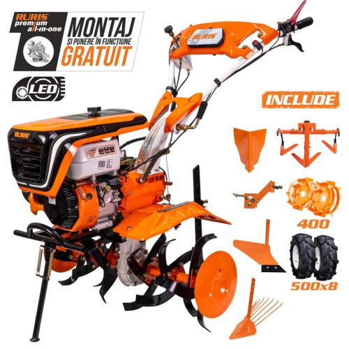 Motosapatoare RURIS 732ACC + roti cauciuc 5.00-8 + rarita + plug + adaptor + dispozitiv scos cartofi + roti metalice 400 fara manicot + cultivator 8.5 CP