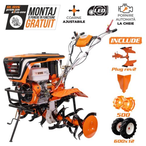 Motosapatoare RURIS 918ACC PRO + roti cauciuc 6.00-12 + rarita + plug reversibil rev2 + roti metalice 500 18 CP
