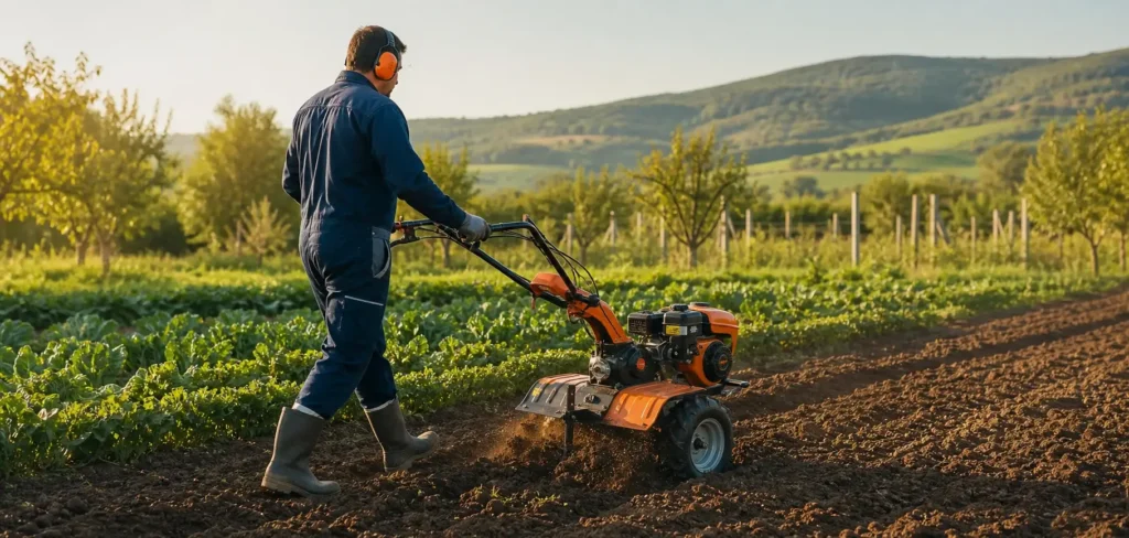 Fermier care lucrează terenul cu un utilaj agricol TehnoUtil
